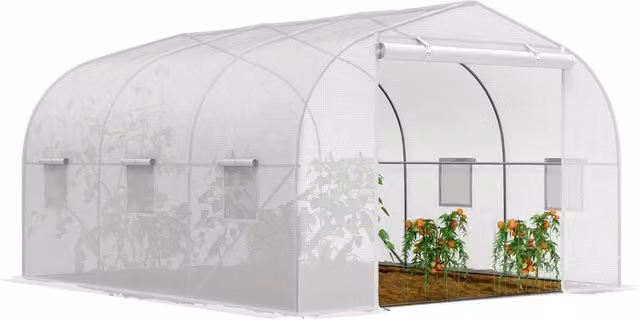 Serra da Giardino a Tunnel con 6 Finestre e Porta a Rullo ¨C zephmum ¨C Bianco, Acciaio e PE, 3.5x3x2 m