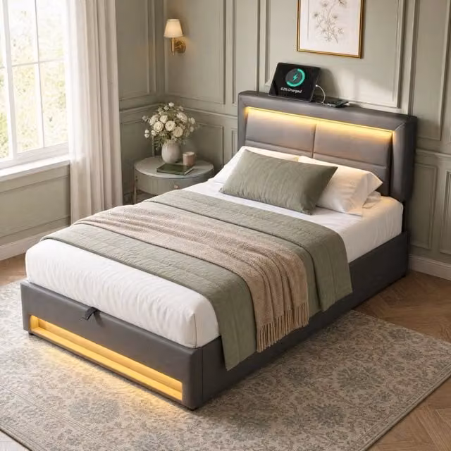 Letto contenitore Mivray imbottito in ecopelle grigio con illuminazione LED 12 colori e ricarica USB cablata e wireless L/P: 90 x 200 cm – 1