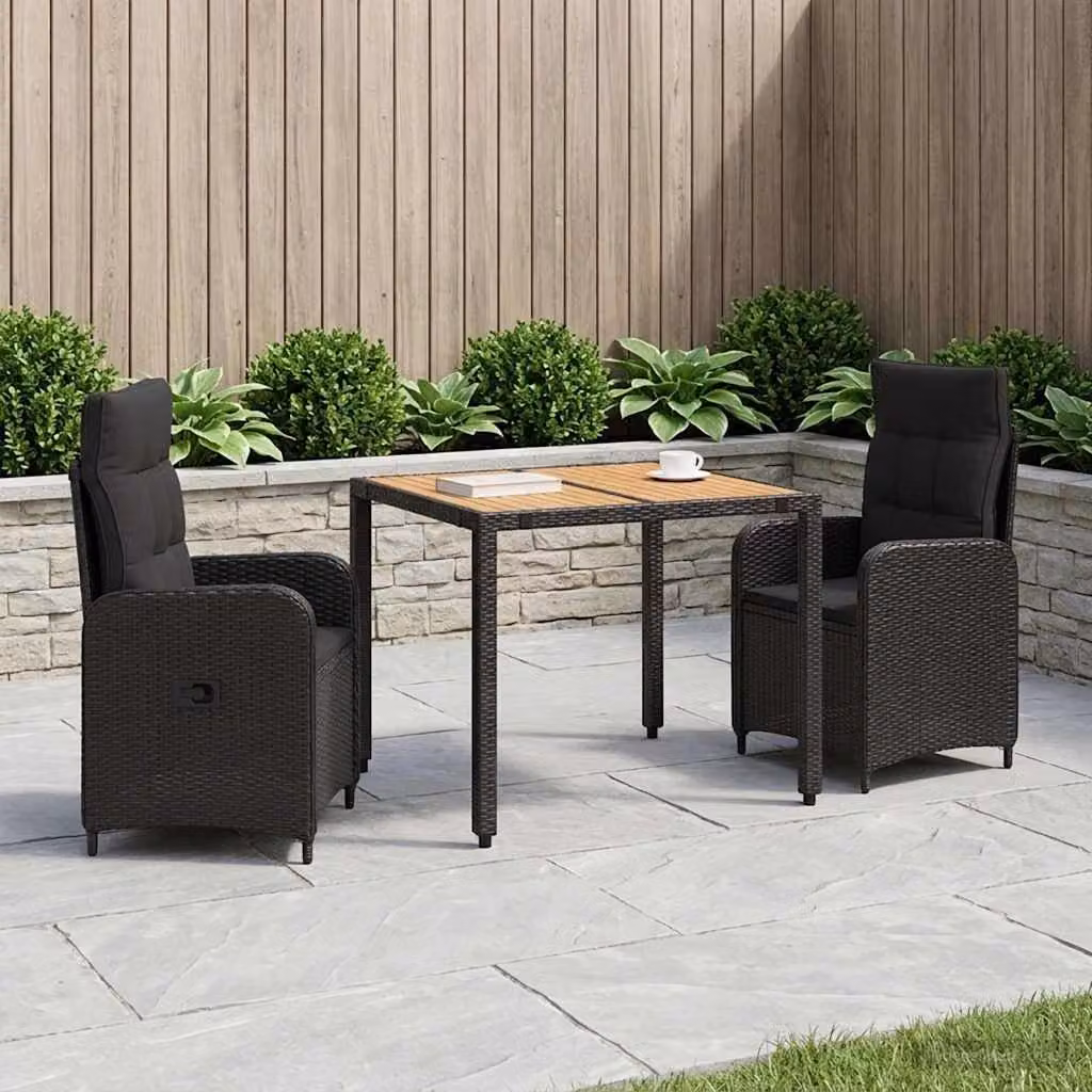 Set da pranzo per esterni vidaXL in polyrattan e legno di acacia nero, composto da 3 pezzi con tavolo quadrato L: 110 cm, P: 90 cm, H: 75 cm e 2 sedie