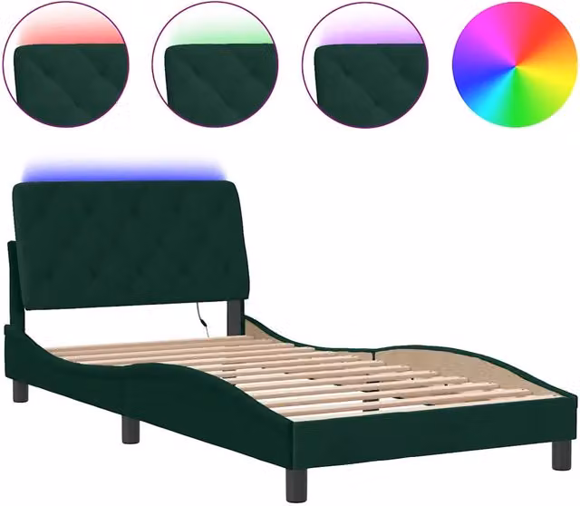 Letto singolo | Letto per adulti | Giroletto con LED senza Materasso Verde Scuro 100x200 cm in Velluto