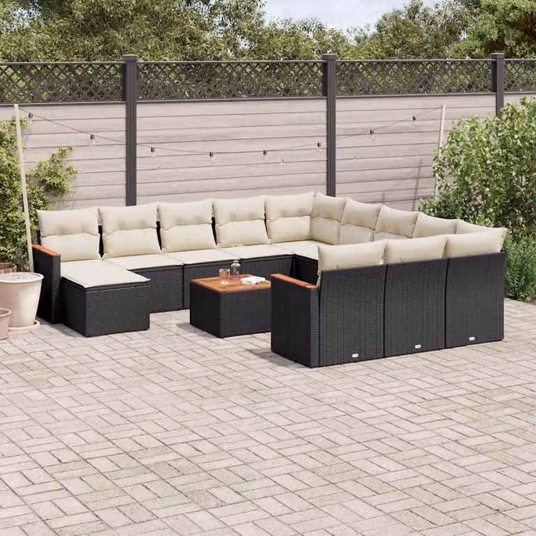 Set di divani da giardino vidaXL 13 pezzi con cuscini nero in polyrattan e struttura in acciaio verniciato a polvere