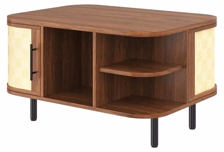Tavolino da salotto - Design curvo - 80 × 60 × 46,5 cm - Superficie intrecciata - Spazio contenitore in MDF - Maniglie in metallo e gambe in metallo robuste - Noce