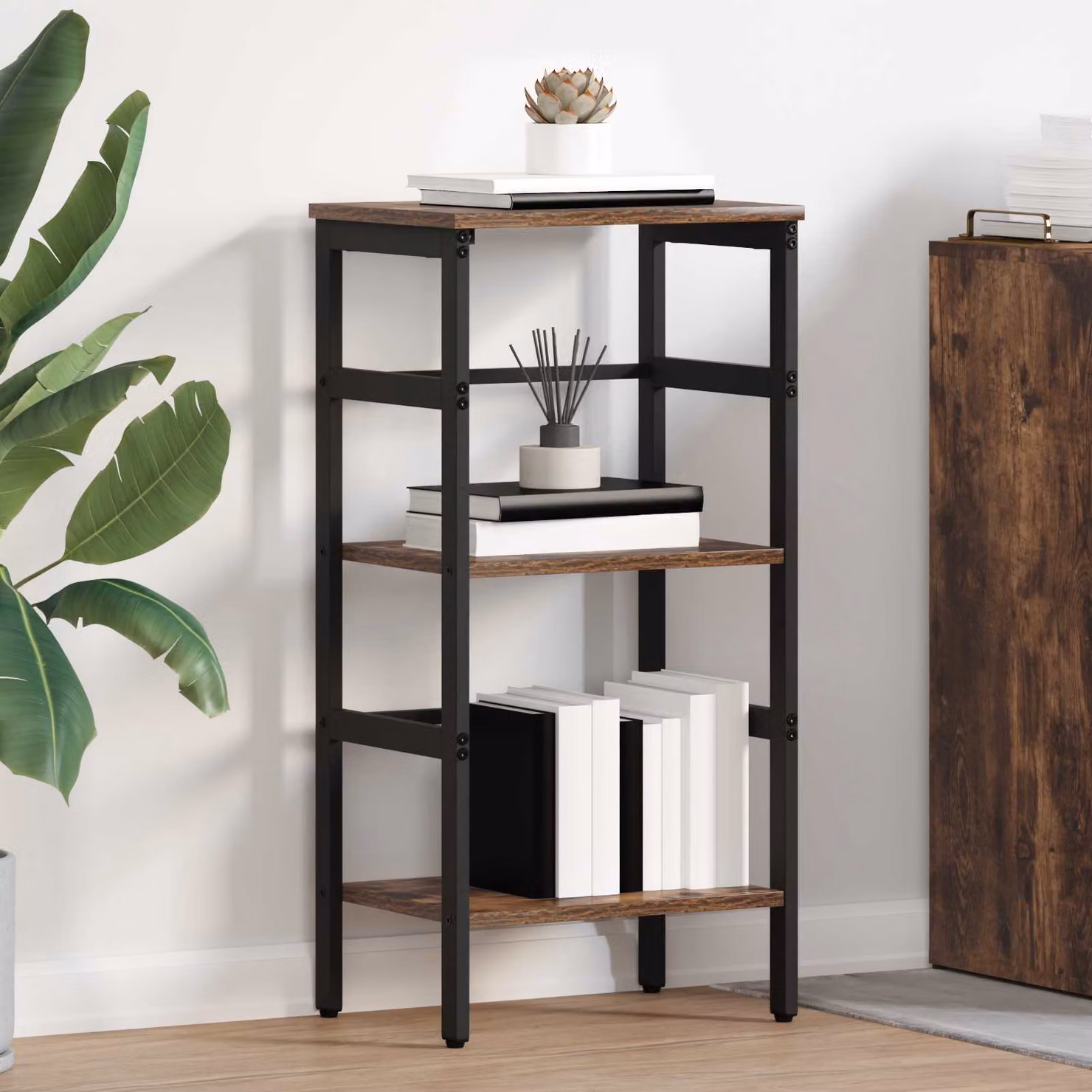 Libreria a 2 livelli vidaXL in stile industrial con legno e metallo, marrone e nero, L 40 cm x P 29,5 cm x H 81 cm