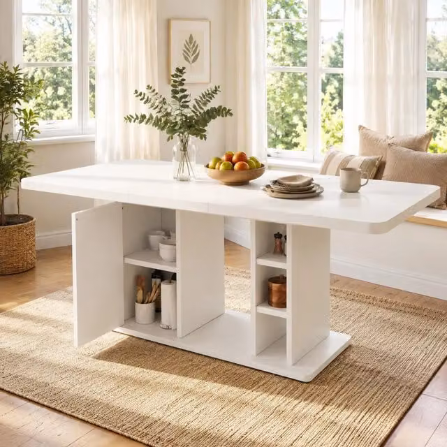 Tavolo da pranzo allungabile ULEVR 140/180x80 cm con mobile e vani aperti, MDF bianco