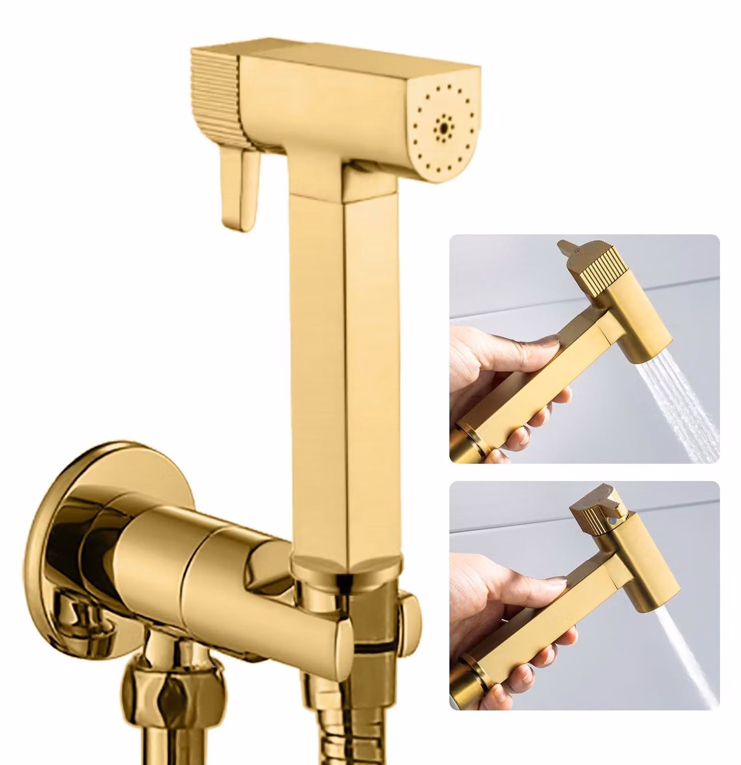 Set bidet con doccetta manuale, finitura oro spazzolato, ottone, tubo da 120 cm