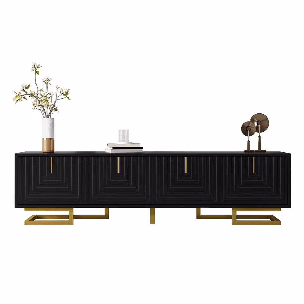 Mobile TV Xylo moderno in colore nero con finitura opaca e dettagli dorati, L: 160.0 cm, P: 44.5 cm, H: 38.0 cm – 2