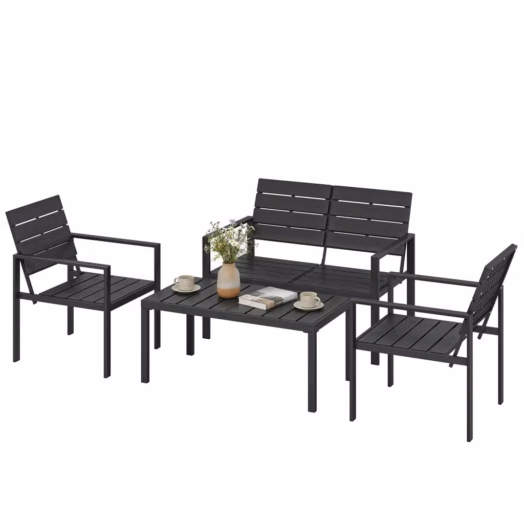 Set da giardino moderno composto da divano a 2 posti, 2 poltrone e tavolino da caffè in HDPE e metallo nero opaco – 2