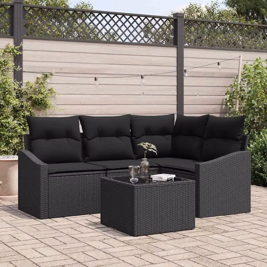 Set di divani da giardino vidaXL in polyrattan nero con cuscini e tavolino da esterno – 1