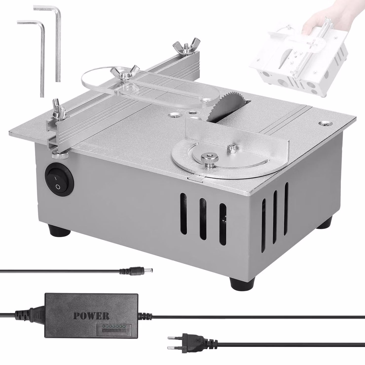 Mini sega circolare da banco - Sega circolare elettrica - 96 W - Altezza regolabile - Per legno - 220–240 V, spina europea - Argento