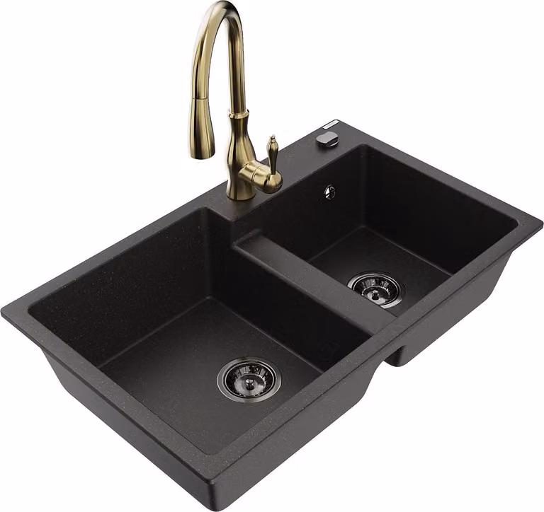 Mexen Tomas lavello in granito a 2 vasche con miscelatore da cucina Savita, nero/oro metallizzato - 6516-75-672601-50-B