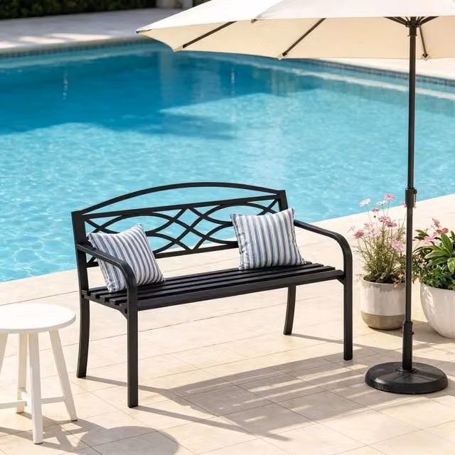 Panca da giardino con schienale ergonomico e braccioli, seduta curva per balcone e terrazza in metallo - nero