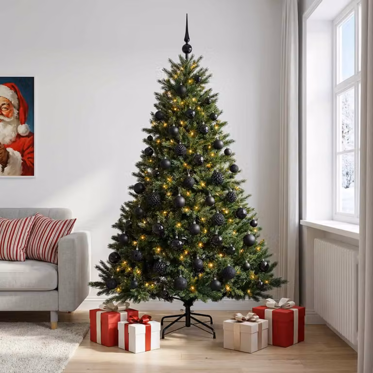 Albero di Natale artificiale verde vidaXL con 300 LED luce bianca calda e decorazioni, Altezza: 180 cm