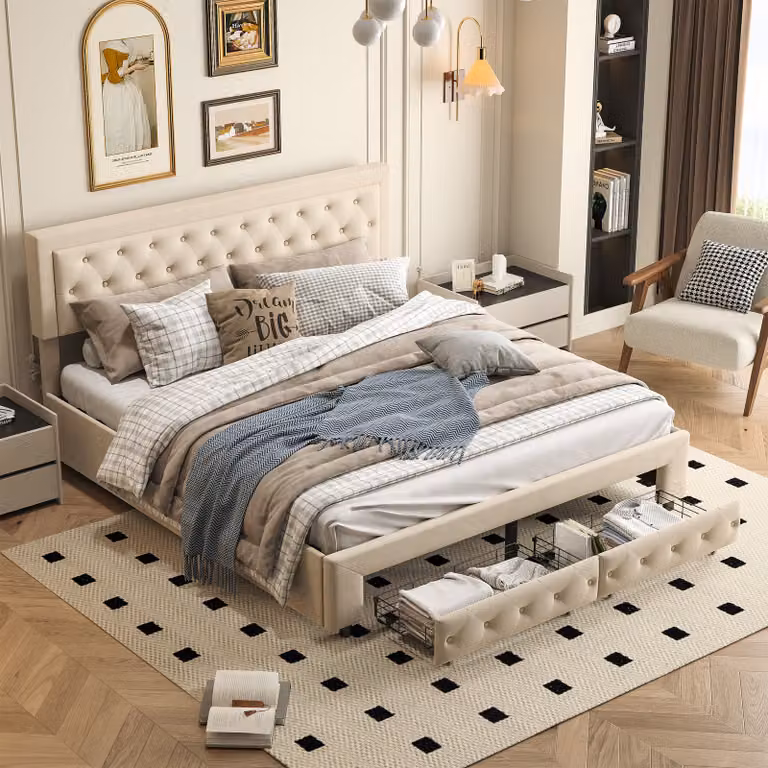 Letto imbottito 180x200 cm con sistema di sollevamento idraulico, contenitore, cassetti e rete a doghe, color beige