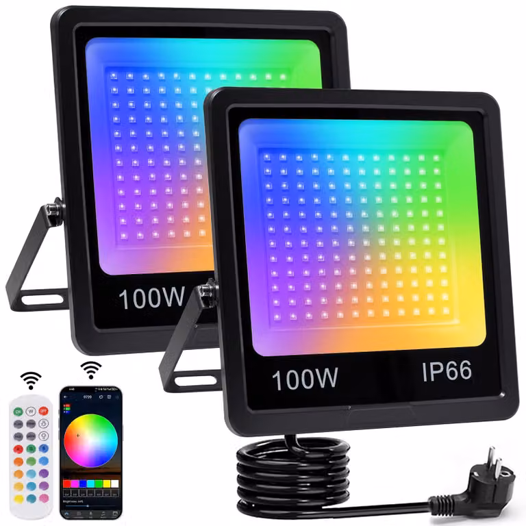 2 faretti LED RGB da 100W, grado di protezione IP66, controllabili tramite app e telecomando