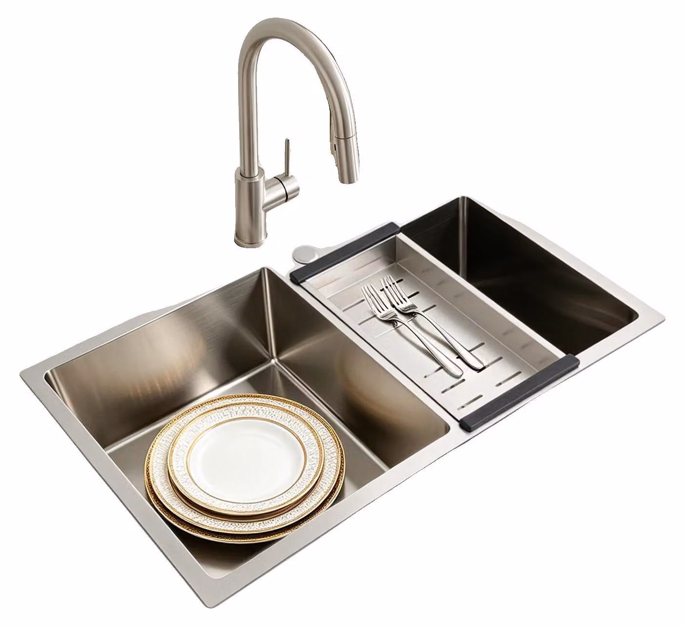 Lavello da cucina con due vasche, dimensioni vasche: 14,72 x 14,96 pollici e 12,99 x 12,99 pollici, realizzato in acciaio inossidabile, installazione sottotop o da appoggio, con due vasche
