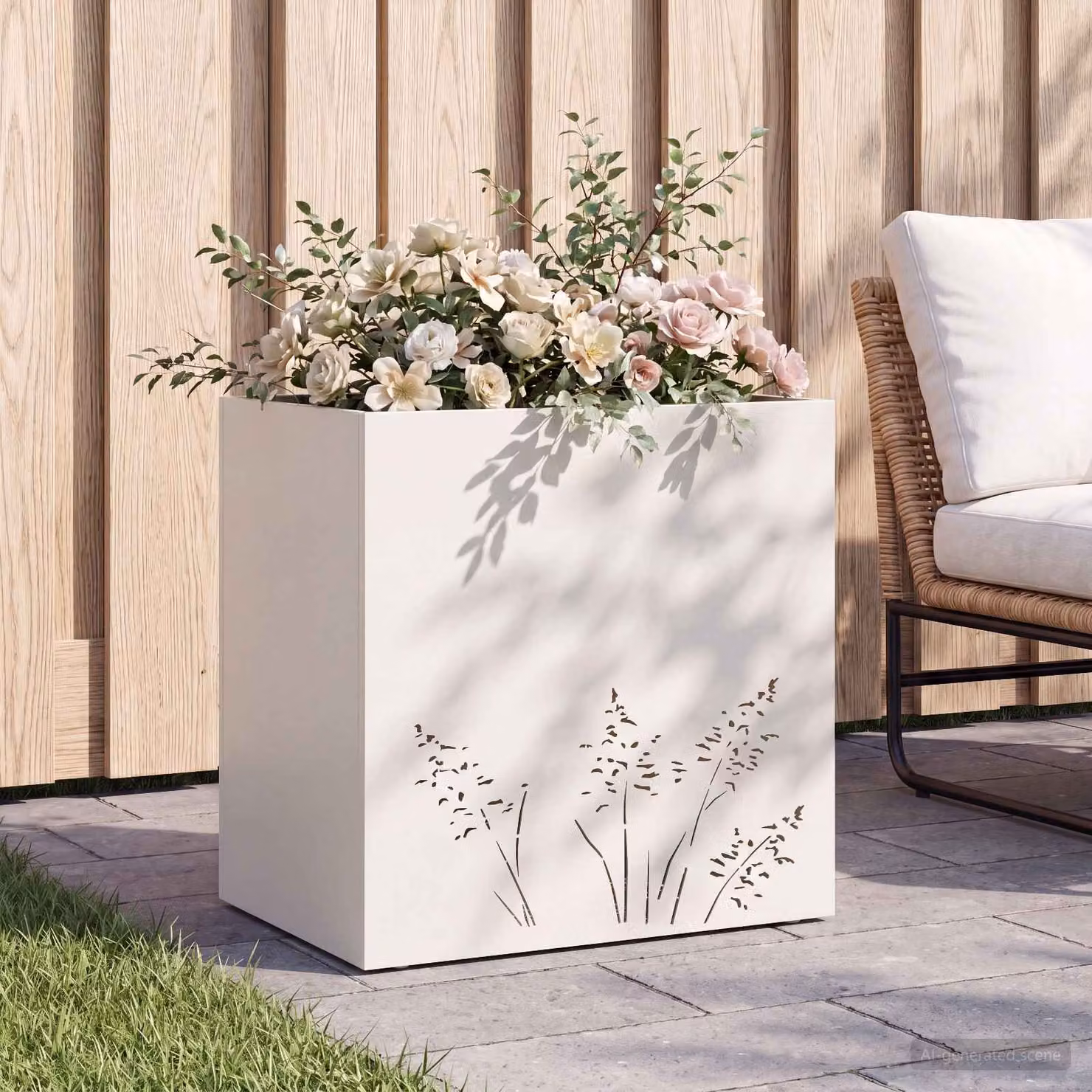 vidaXL Vaso da giardino in metallo Bianco L: 50 cm, P: 30 cm, H: 49 cm
