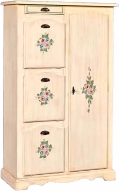 Scarpiera con vano multiuso Mobili 2G in finitura laccato avorio pennellato con decori floreali L: 94 cm, P: 43 cm, H: 155 cm