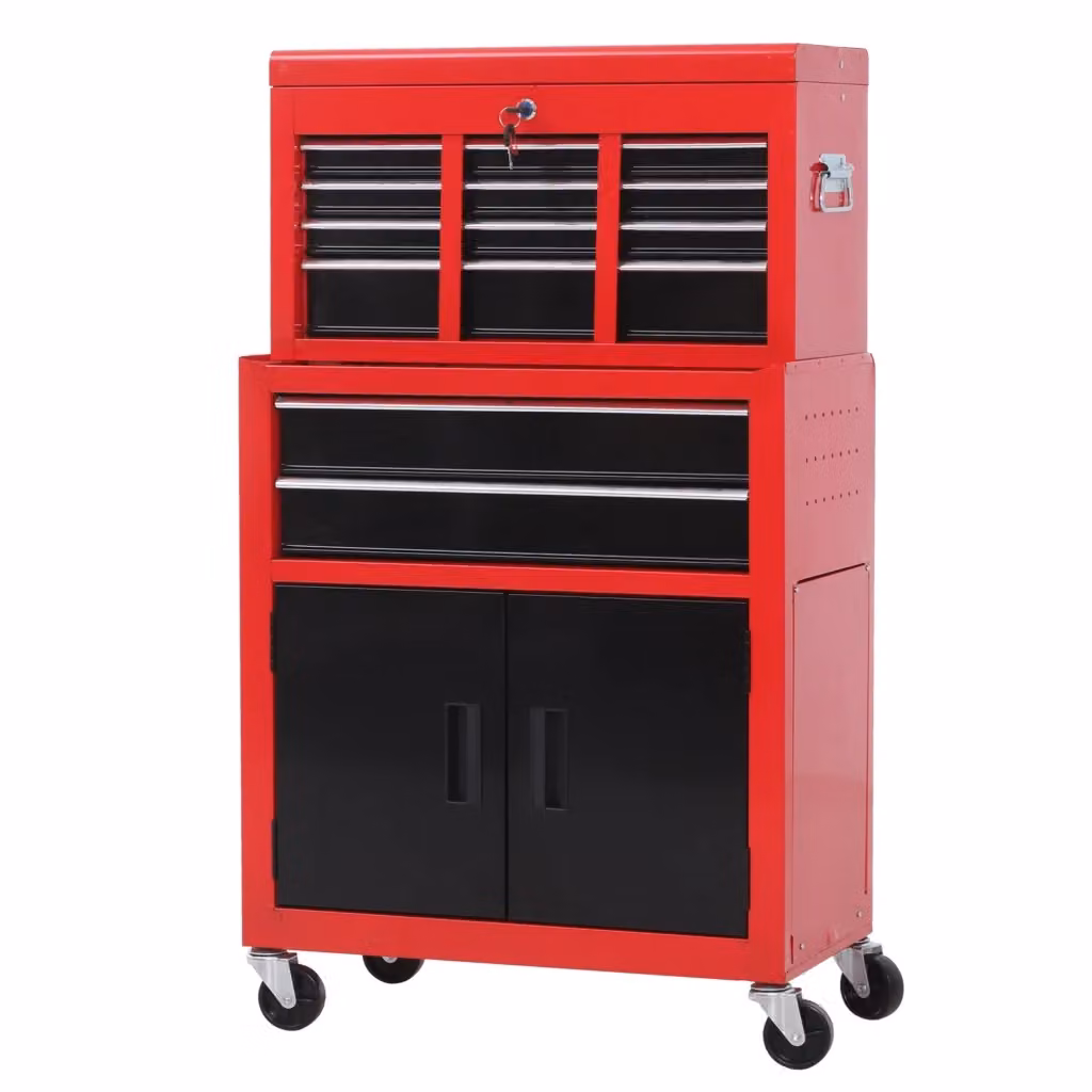 Carrello Attrezzi Minimal in Metallo con Cassetta e Armadietto Chiusurabile, Rosso, L: 61.6 cm, P: 33 cm, H: 108 cm – 2