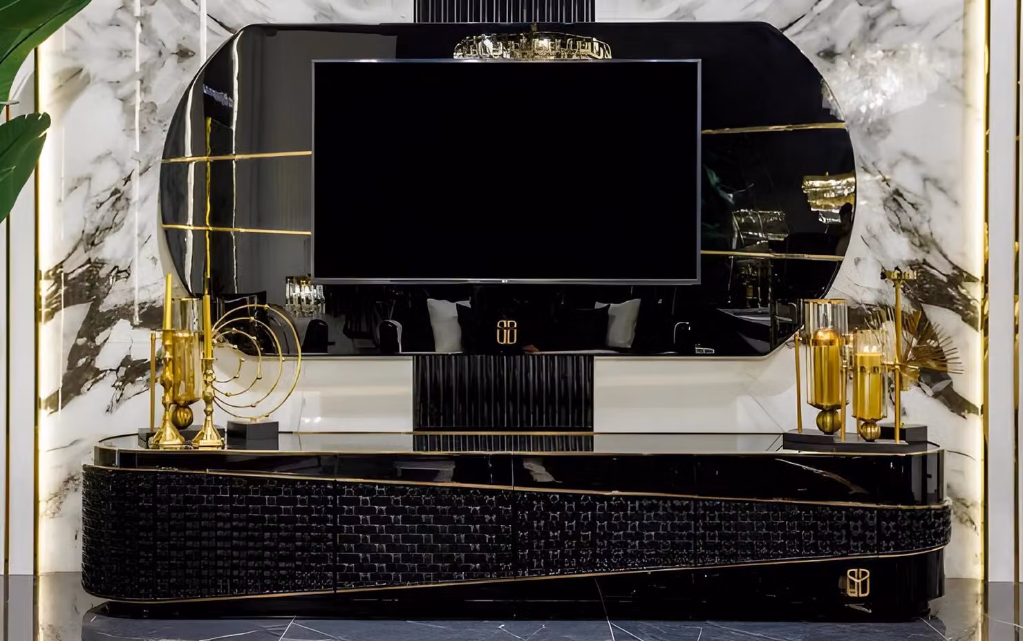 Supporto TV nero, design moderno, mobile basso per soggiorno, mobili in legno