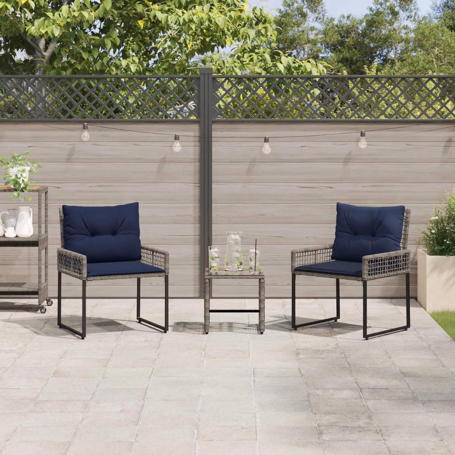 Set di mobili da esterno moderno vidaXL in legno di acacia e rattan, 3 pezzi, Grigio e Blu Navy