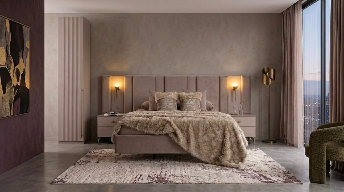Bett con 2 comodini, mobiletto singolo, camera da letto, stile moderno, colore beige, design confortevole