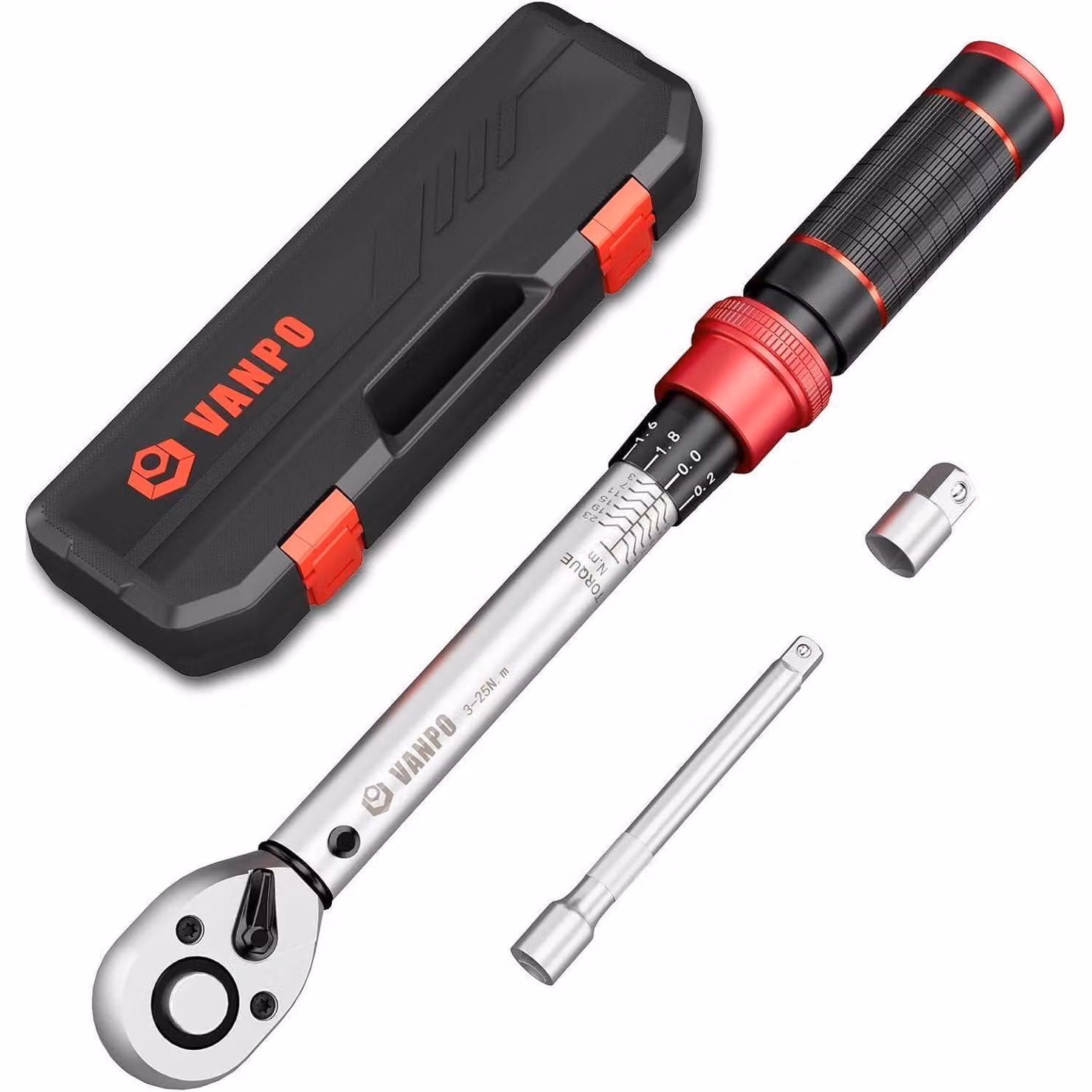 Chiave dinamometrica da 1/4", 3-25 Nm, per biciclette e motociclette, con prolunga da 100 mm e adattatore da 3/8", precisione ±3%, 72 denti