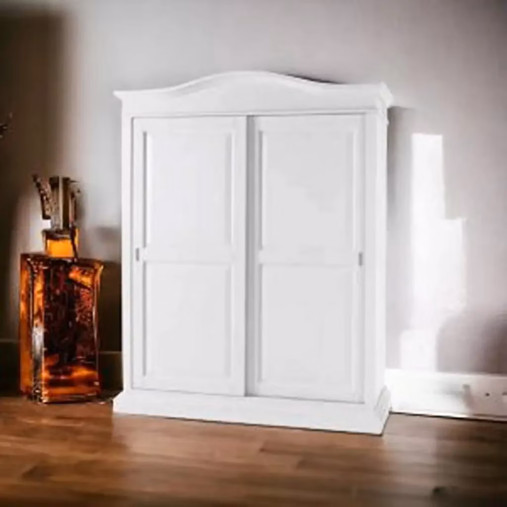 Armadio KIVIO in legno bianco stile shabby chic con ante scorrevoli e cassetti, L: 181 cm, P: 67 cm, H: 225 cm – 2