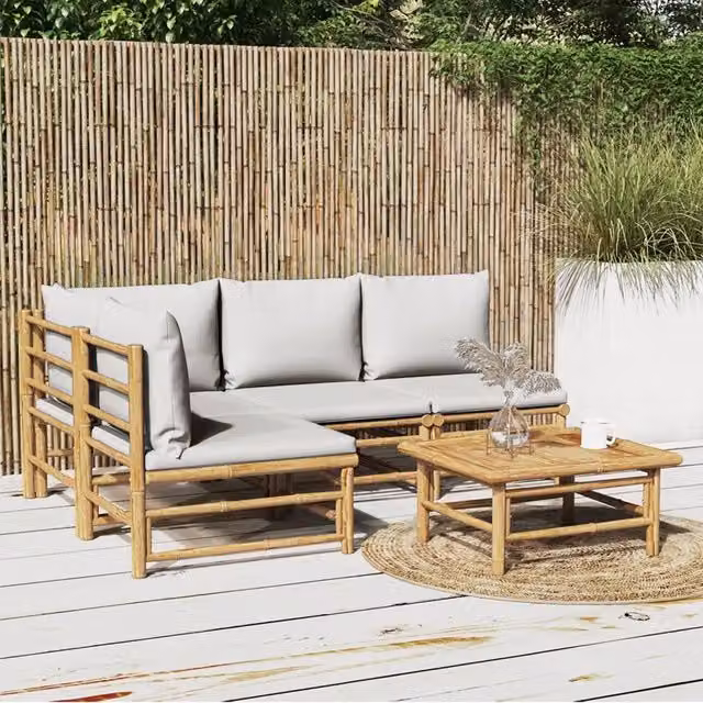 Set Salotto da Giardino 5pz con Cuscini Grigio Chiaro Bambù 3155106