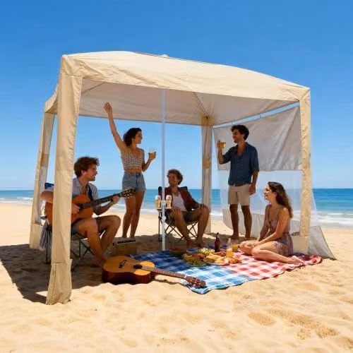 Tenda da spiaggia VEVOR con parete laterale e tasche per la sabbia, ombrellone parasole portatile regolabile in altezza, beige, L/P/H: 240 x 240 x 240 cm