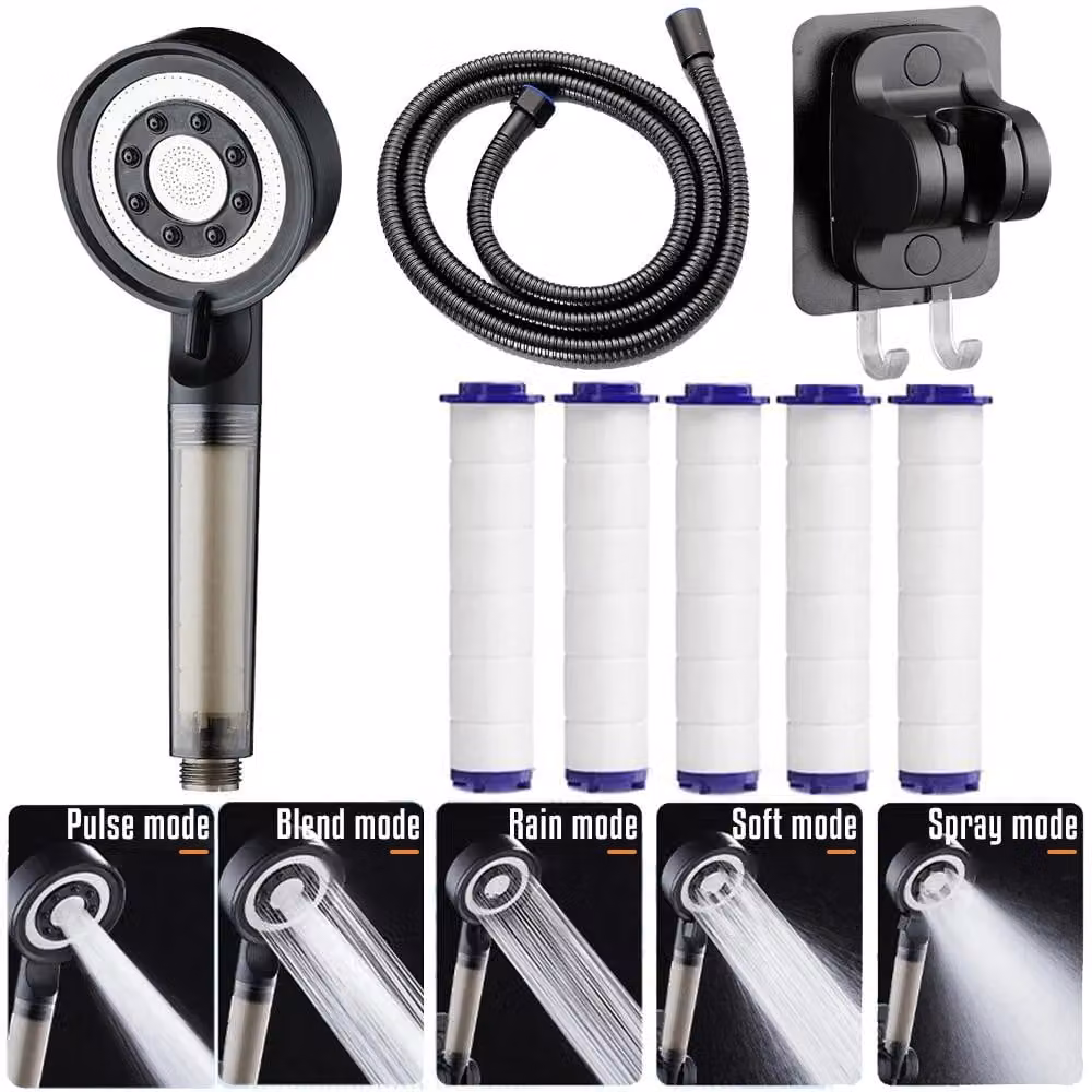 Set doccia ad alta pressione - Doccetta manuale - 5 getti - Tubo flessibile da 1,5 metri - Filtro - Risparmio idrico - Nero