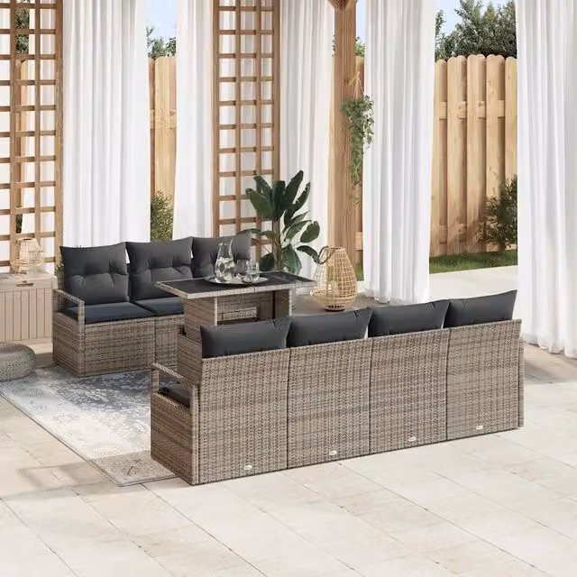 Set Divano da Giardino 8 pz 7-Numero di posti Grigio polyrattan 3348765