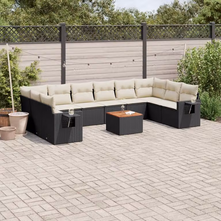 vidaXL Set Divani da Giardino 11 pz in Polyrattan Nero con Cuscini e Tavolino da Esterno
