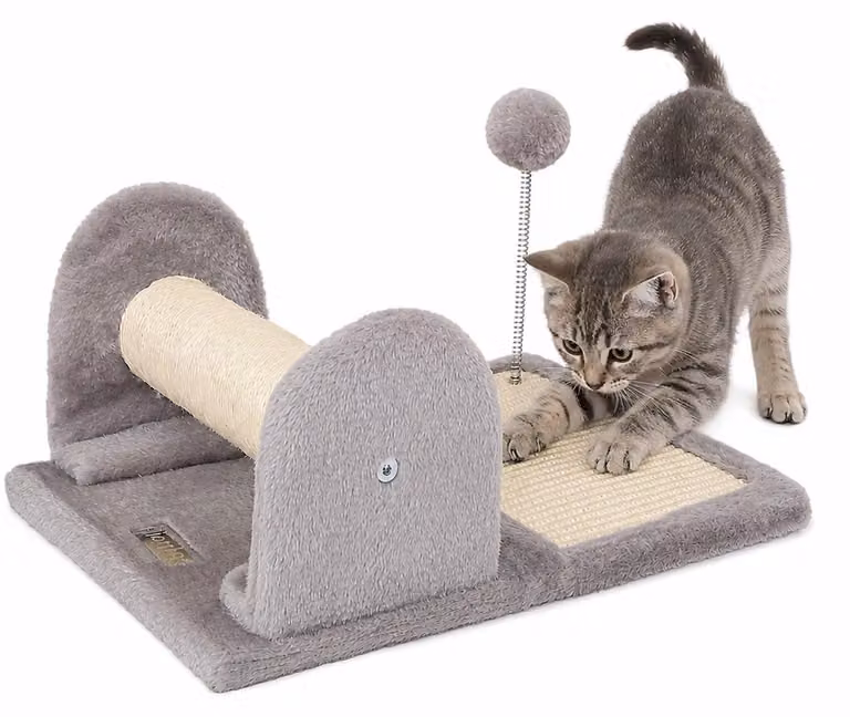 tiragraffi lionto per gatti e gattini, compatto, stabile e versatile con palla da gioco, asta in sisal e superficie da graffiare, grigio chiaro