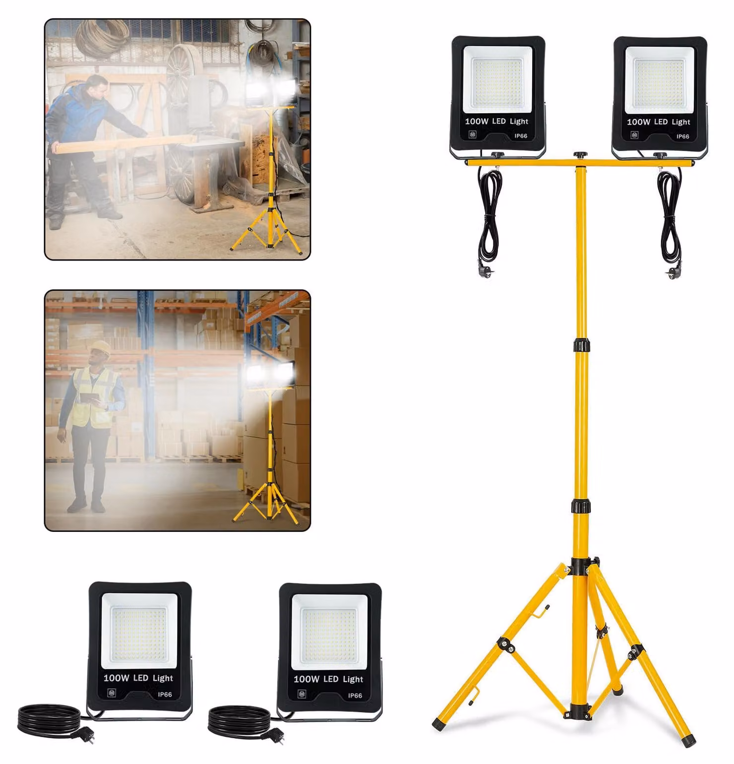 VA-Cerulean: Faretto da cantiere LED da 2x 100W con treppiede telescopico, luce bianca fredda, grado di protezione IP66, cavo da 3 metri, faretto per esterni e officine