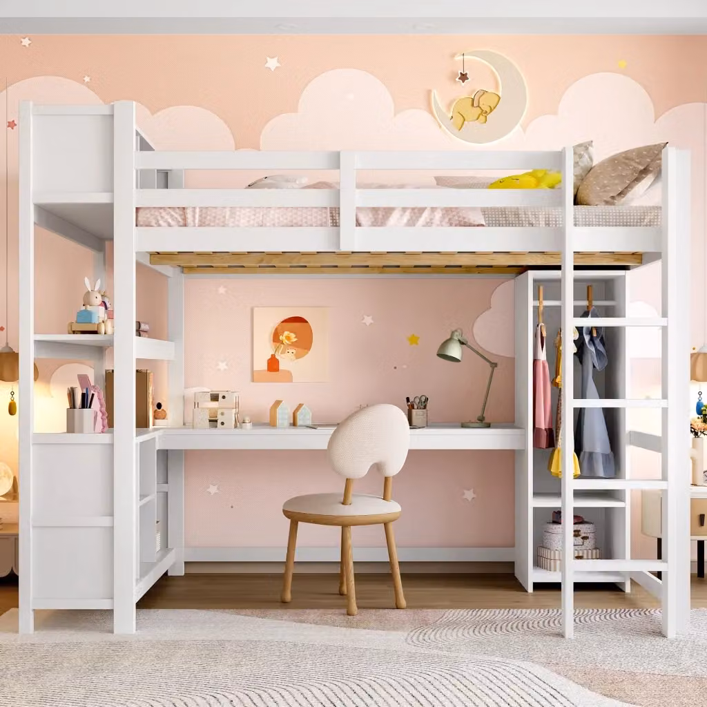 Letto a soppalco REDOM per bambini in legno e MDF bianco con scrivania, scaffali e armadio L/P/H: 200 x 140 x 232,5 cm – 2