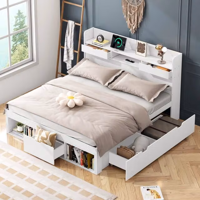 Letto combinato matrimoniale 160×200 cm con USB, Type-C, prese, ripiani e contenitore, senza materasso, bianco
