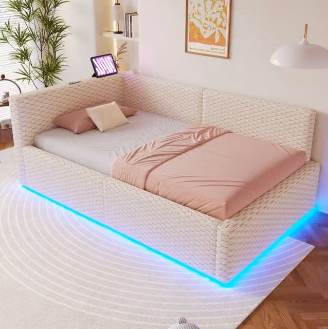 Letto imbottito 90x200 cm con LED, USB e Tipo-C, testiera a L in velluto beige, struttura idraulica