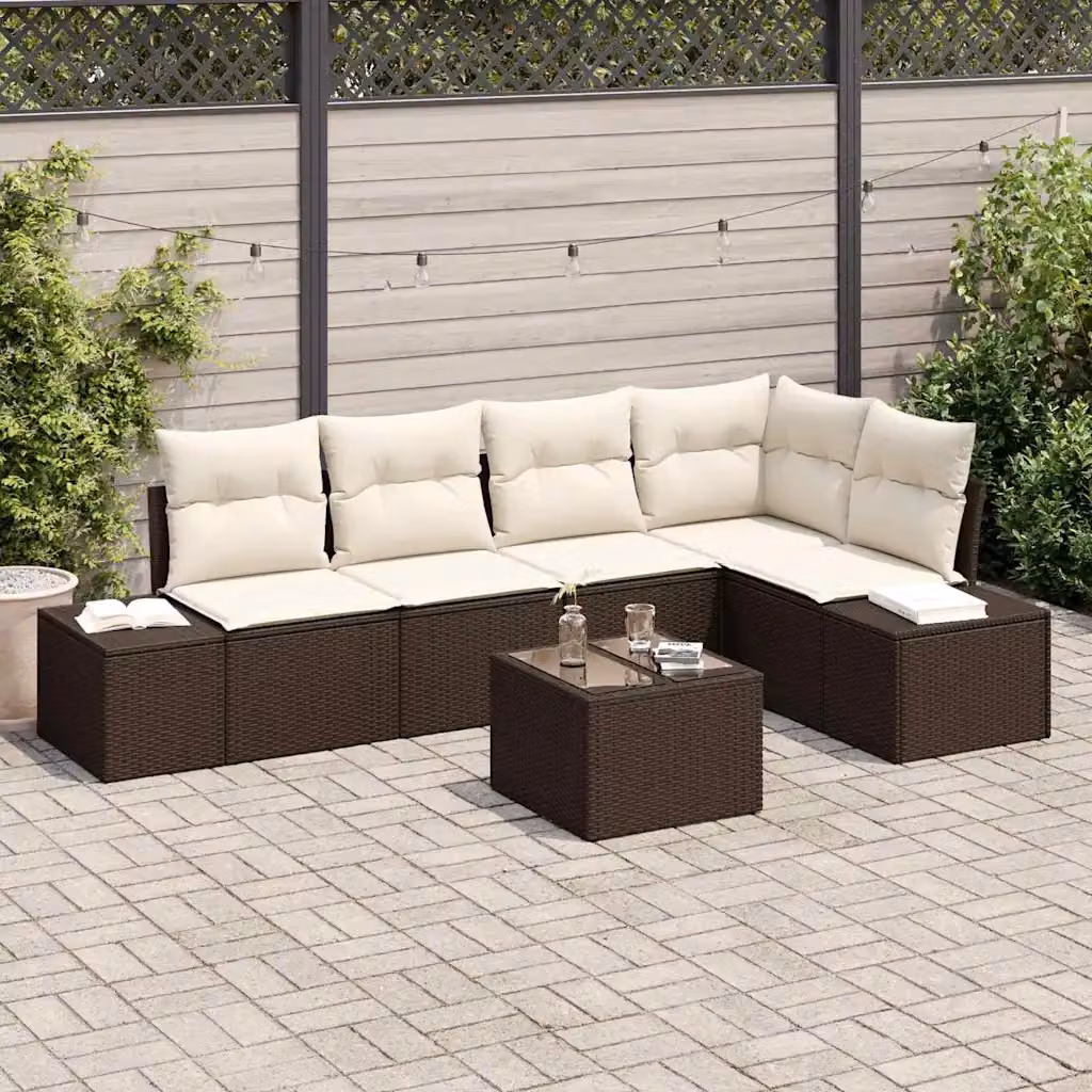 Set Divano da Giardino vidaXL 6 Pezzi a Forma di L in Polyrattan Marrone e Beige con Cuscini e Tavolino – 1
