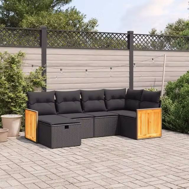 Set Divano da Giardino a L vidaXL 6 pz con Cuscini Nero in Polyrattan e Metallo – 1