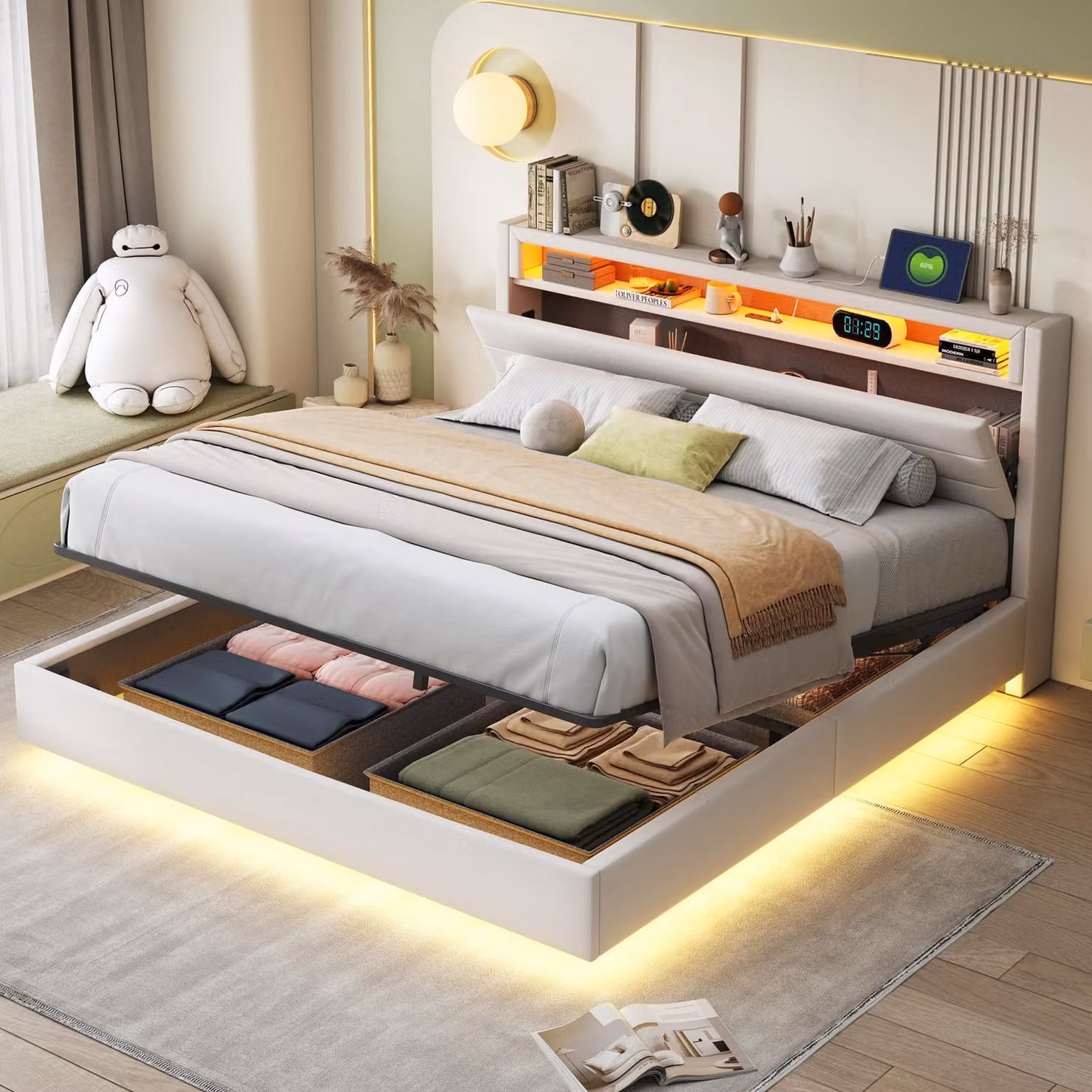 Letto imbottito Merax 160x200 con LED e testata girevole, letto a molle idrauliche in lino, letto contenitore galleggiante con connessione USB, beige