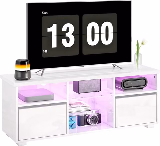 Mobile TV HOMCOM bianco con mensole in vetro e illuminazione LED integrata per televisori fino a 55 pollici, Larghezza: 120 cm