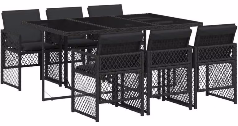 Set da pranzo per esterno, composto da 7 pezzi: tavolo, 6 sedie e cuscini, realizzato in rattan sintetico, con piano in vetro, colore nero