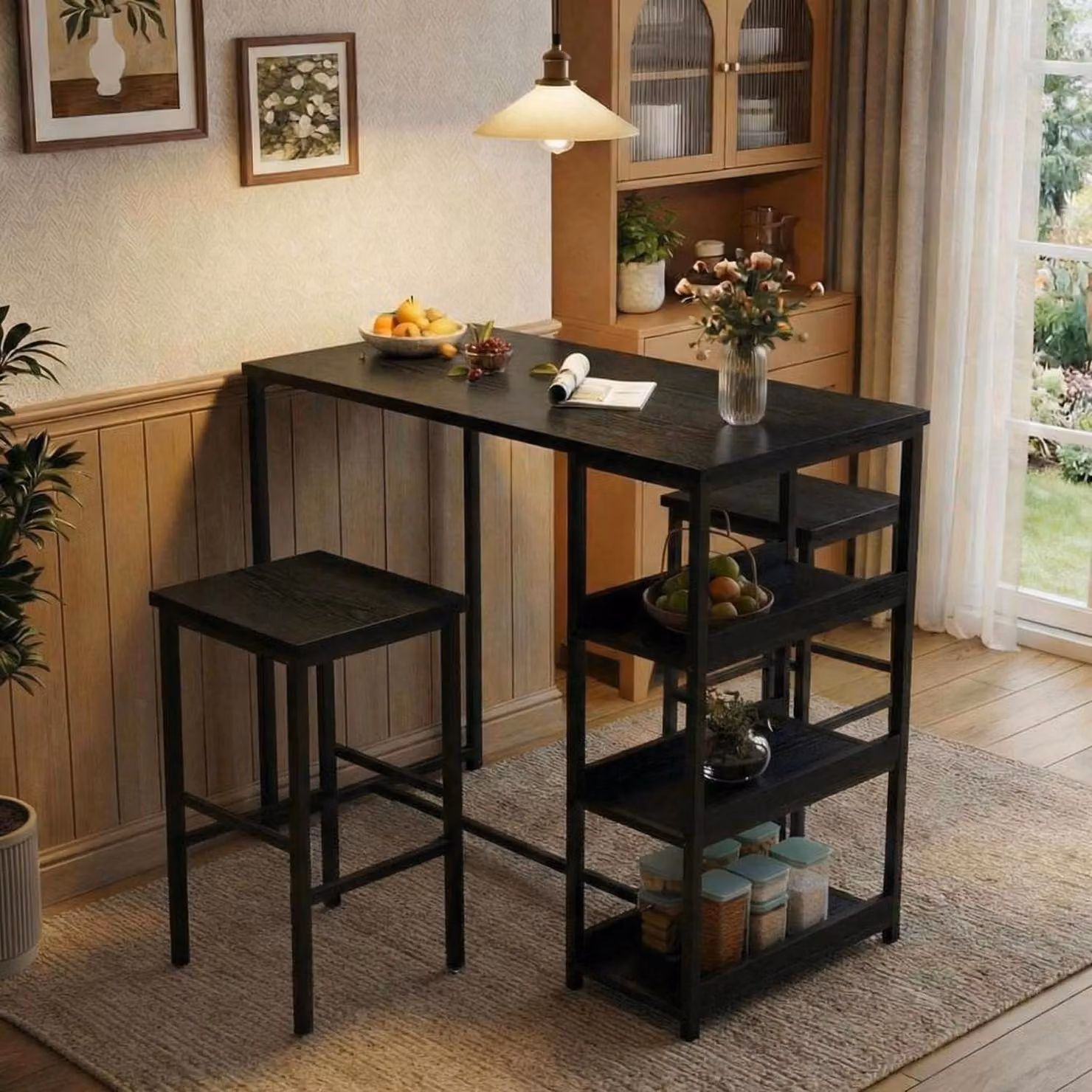 Set da bar per 2 persone, composto da 3 elementi, con 2 ripiani portaoggetti e portabicchieri, colore nero, dimensioni 90x50x91,5 cm