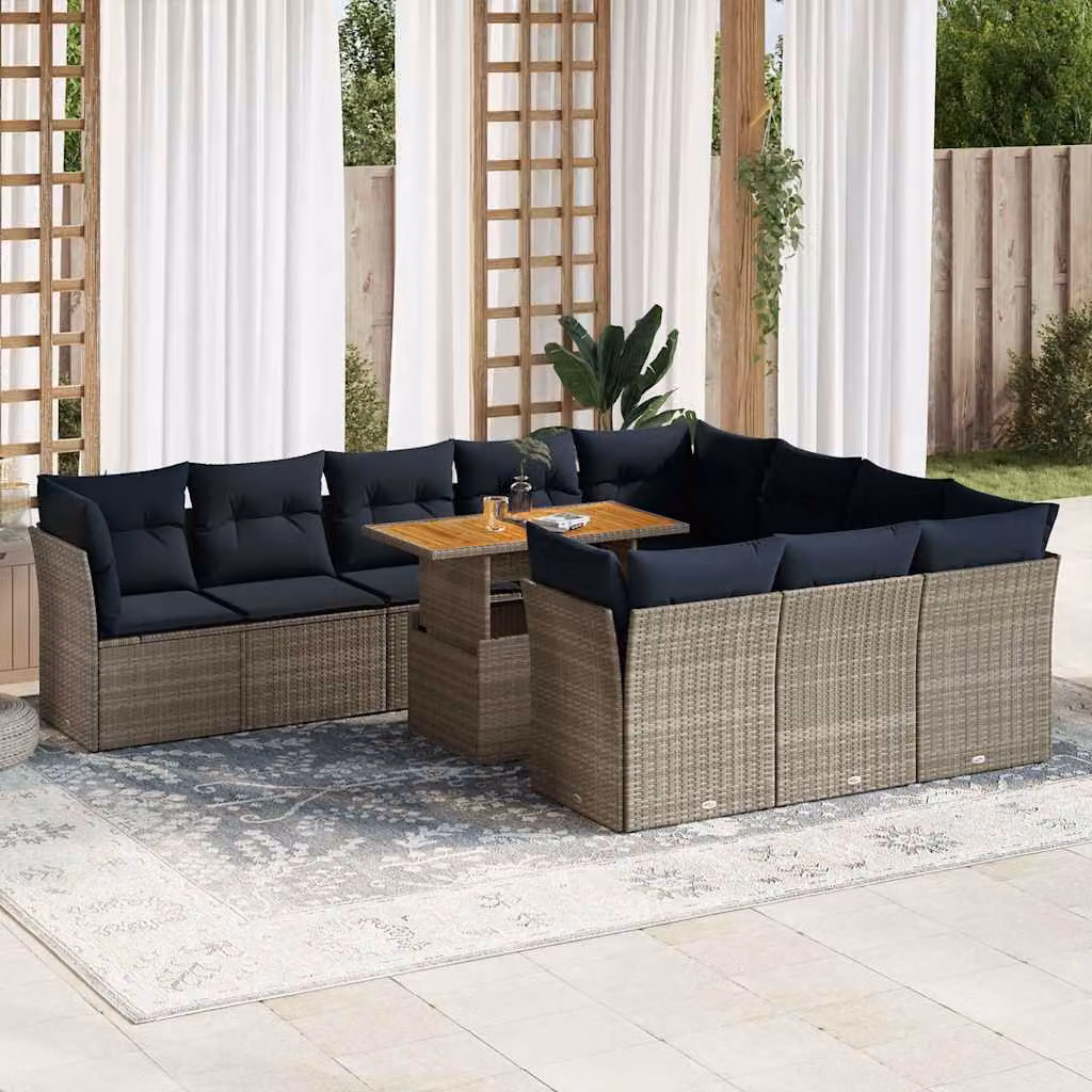 Set di divani da giardino vidaXL 11 pezzi in polyrattan con cuscini blu e struttura in acciaio grigio a forma di U