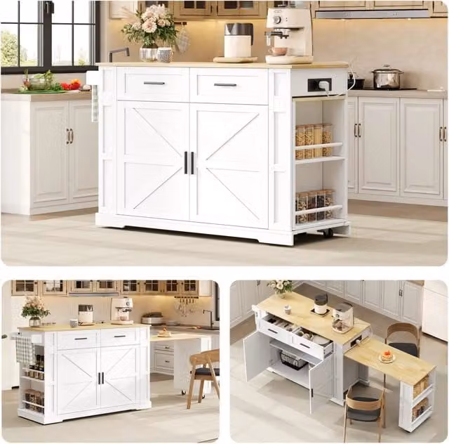 Isola da cucina mobile con piano estraibile laterale; prese; 2 cassetti e armadio; bianco/rovere; 120x50x93 cm