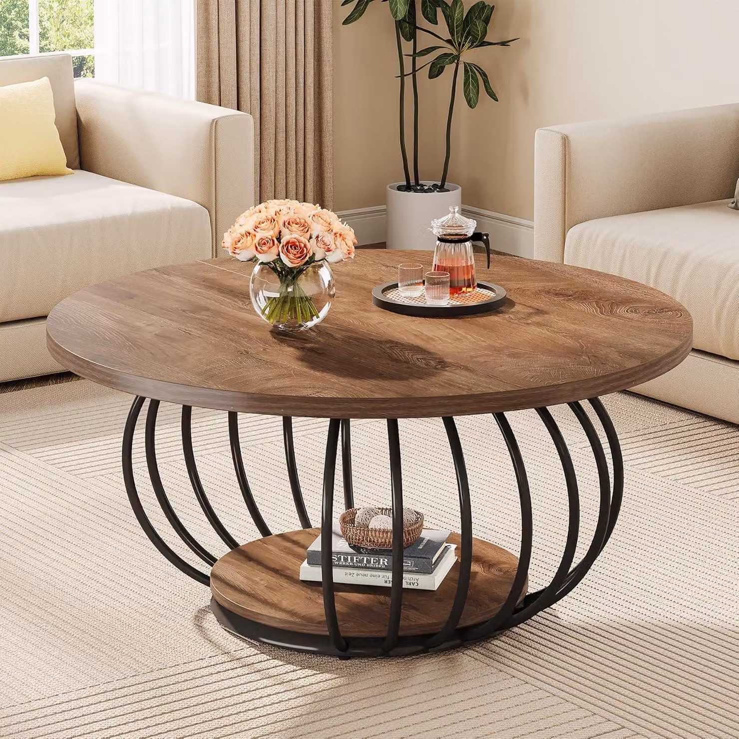 Tavolino rotondo Tribesigns, tavolino industriale in legno da 100 cm a due livelli, con ripiano e struttura in metallo, rustico marrone nero