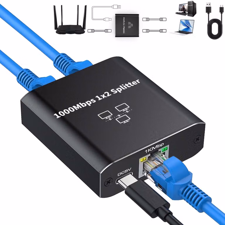 Divisore Ethernet 1 a 2, splitter di rete Gigabit RJ45 1 a 2, 1000 Mbps