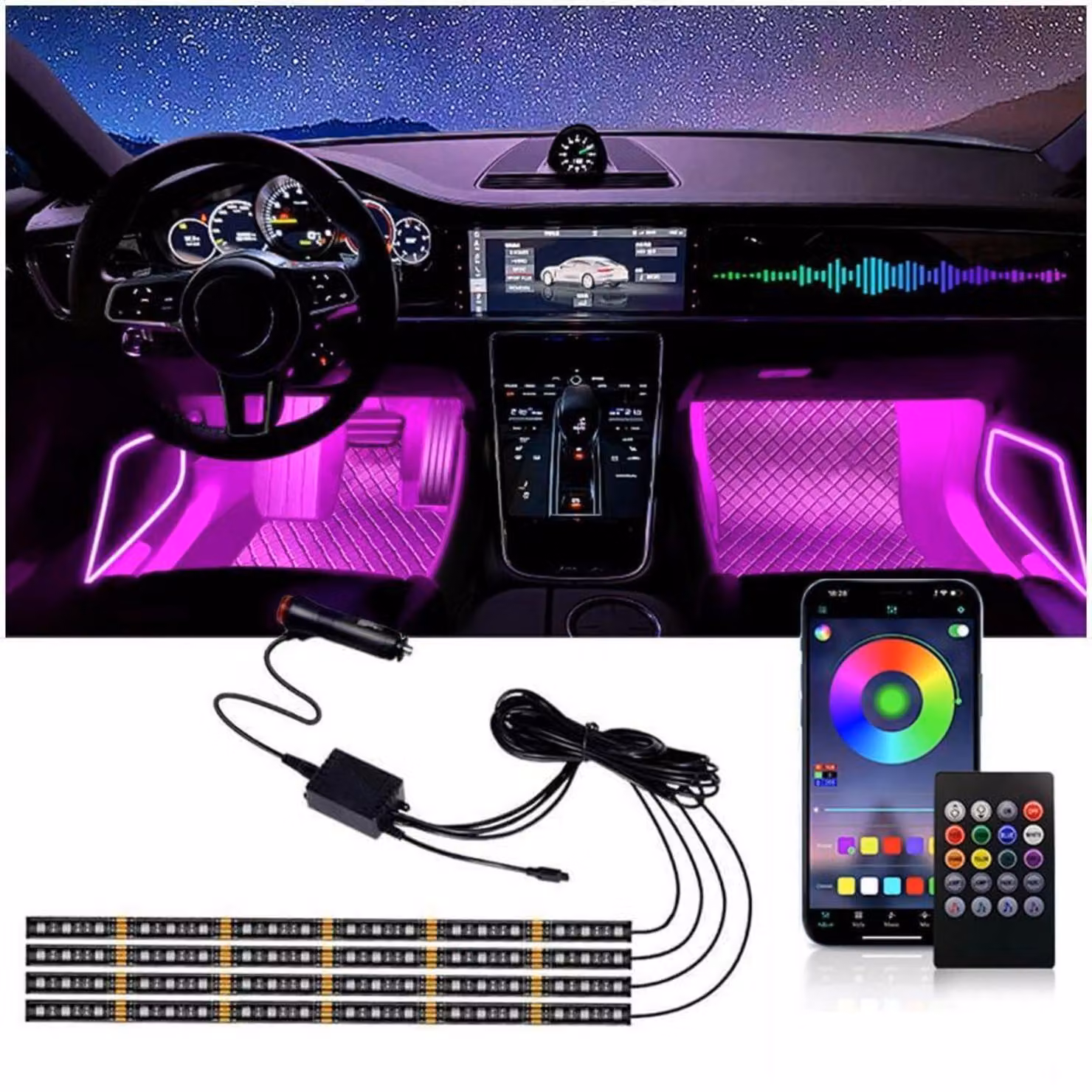 Kit di illuminazione interna per auto a LED, composto da 4 luci, con 72 LED, alimentazione a 12V, impermeabili, controllabili tramite app e telecomando