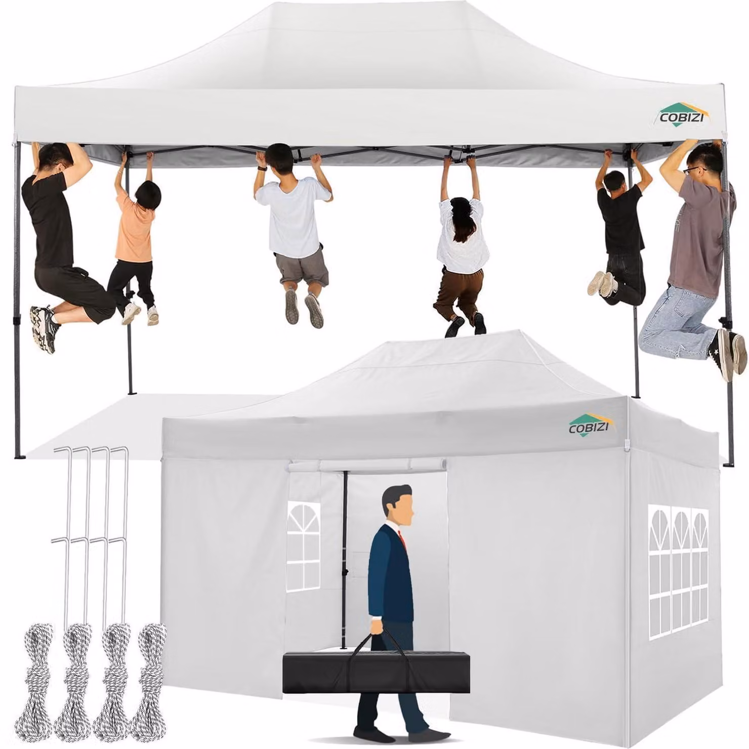 Gazebo da esterno 3x4,5 metri, colore bianco, con 4 pareti laterali, impermeabile, con protezione solare, stabile