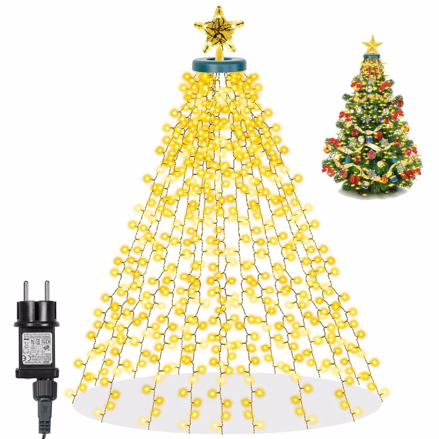 Albero di Natale luci fiabesche per interni 3M 490 LED, luci di Natale con timer 8 modalità, luci albero di Natale bianco caldo con 16 fili